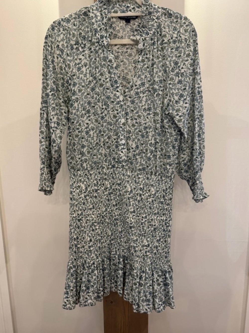 Veronica Beard Green and White Floral Long Sleeve Mini Dress
